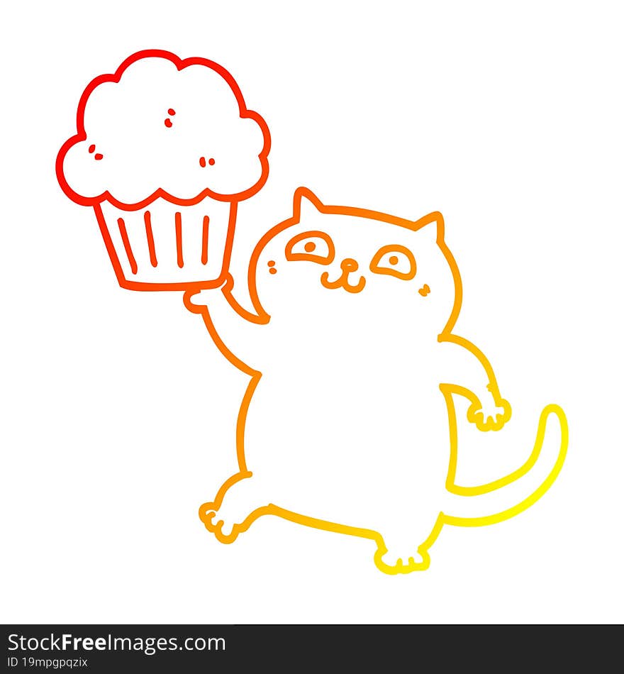 warm gradient line drawing of a cartoon cat with cupcake