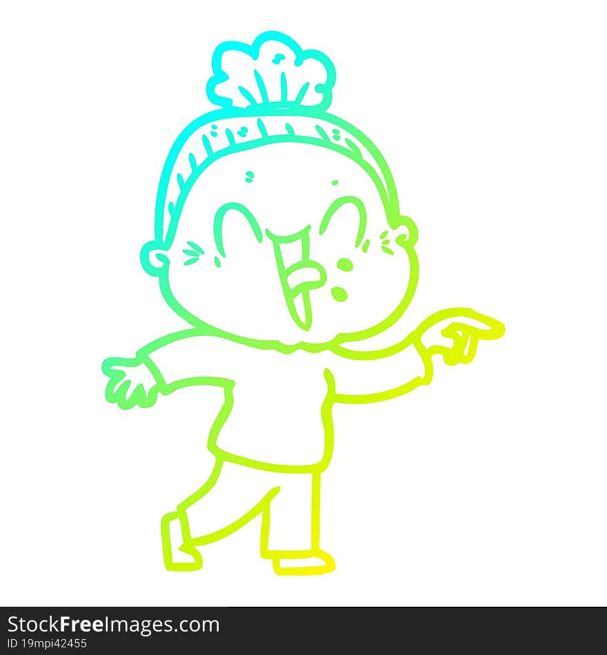 cold gradient line drawing of a cartoon happy old woman