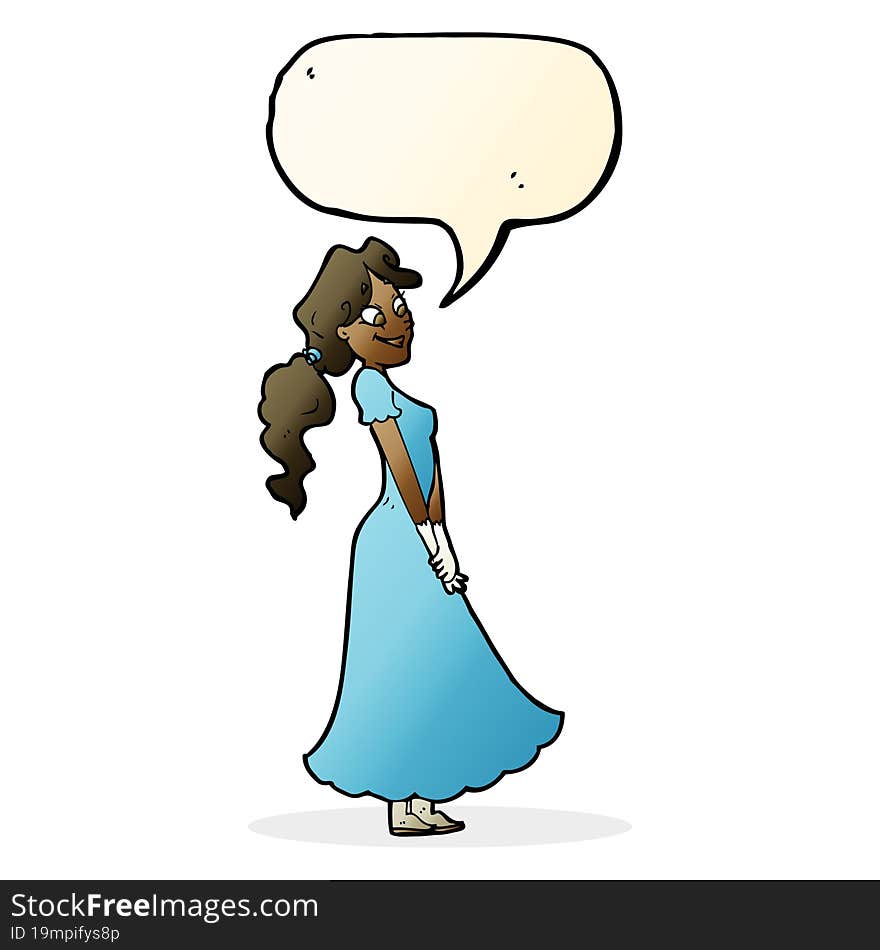 Cartoon Pretty Woman In Dress With Speech Bubble