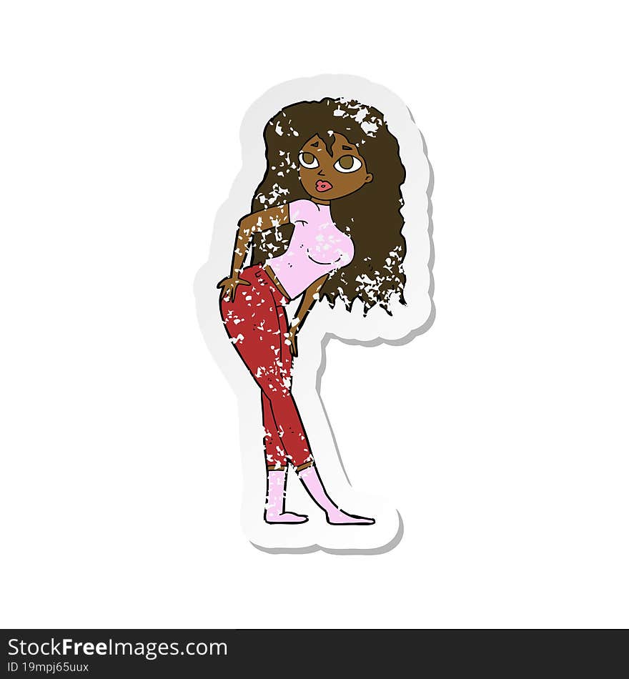 retro distressed sticker of a cartoon attractive woman looking surprised