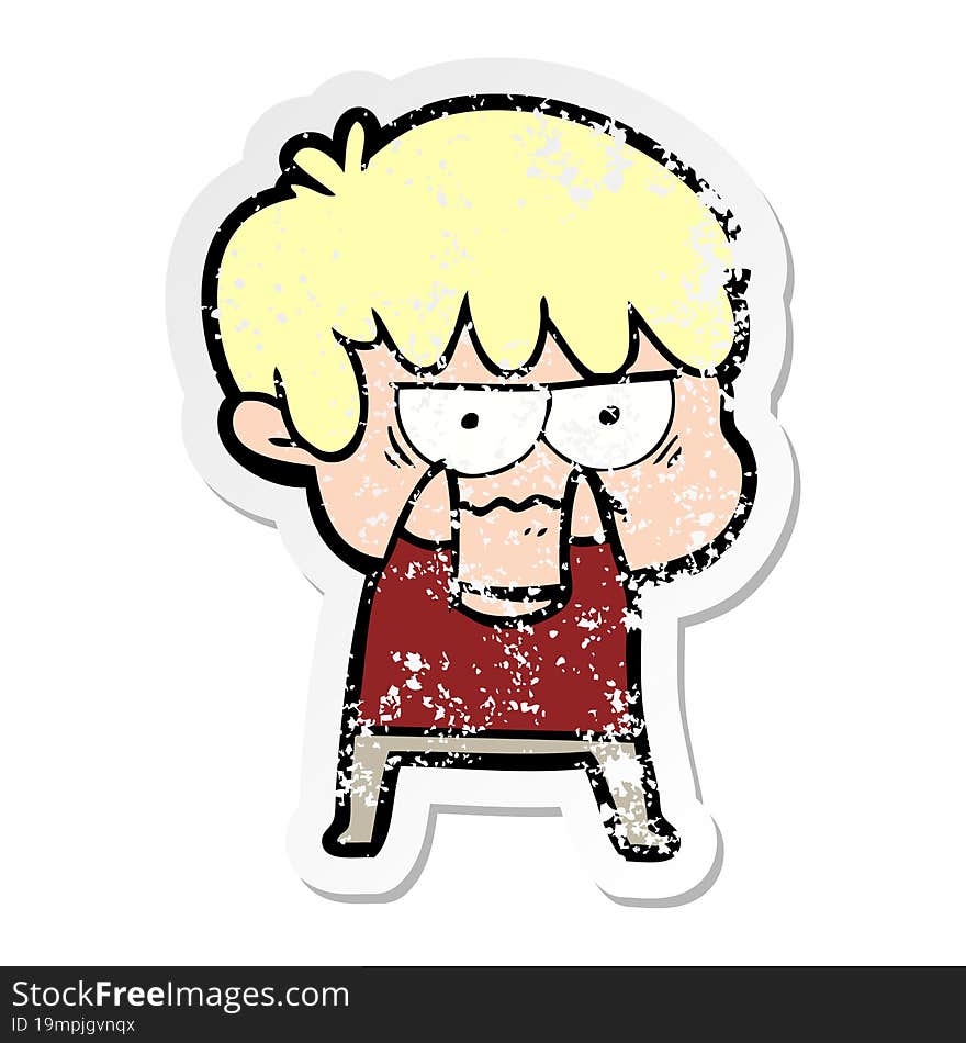 distressed sticker of a annoyed cartoon boy