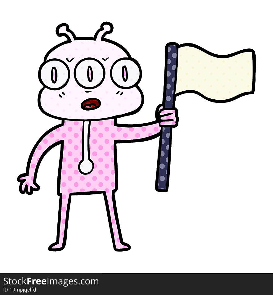 cartoon three eyed alien waving flag. cartoon three eyed alien waving flag