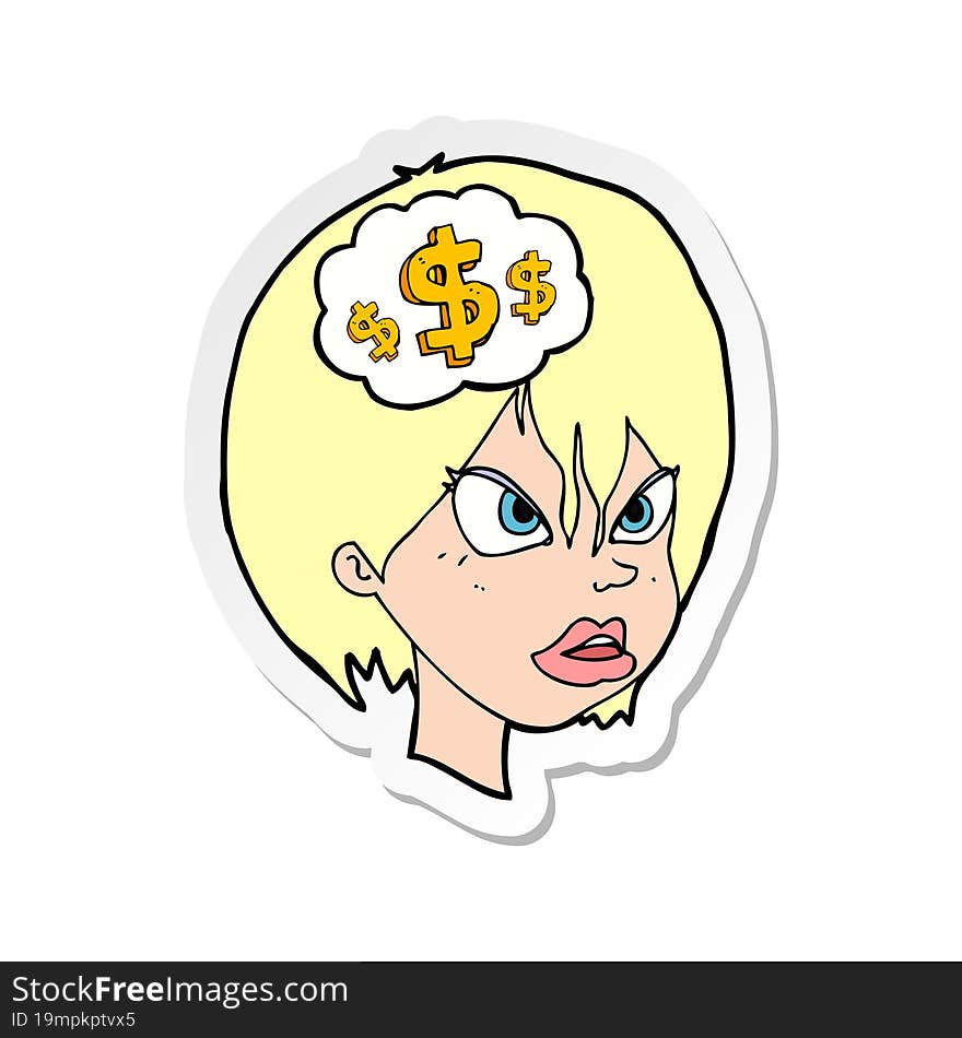 sticker of a cartoon woman thinking about money