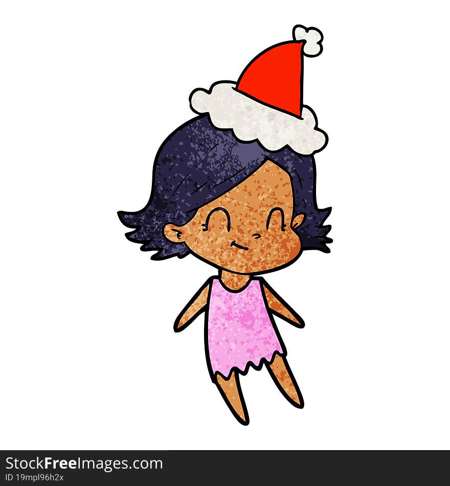 textured cartoon of a friendly girl wearing santa hat