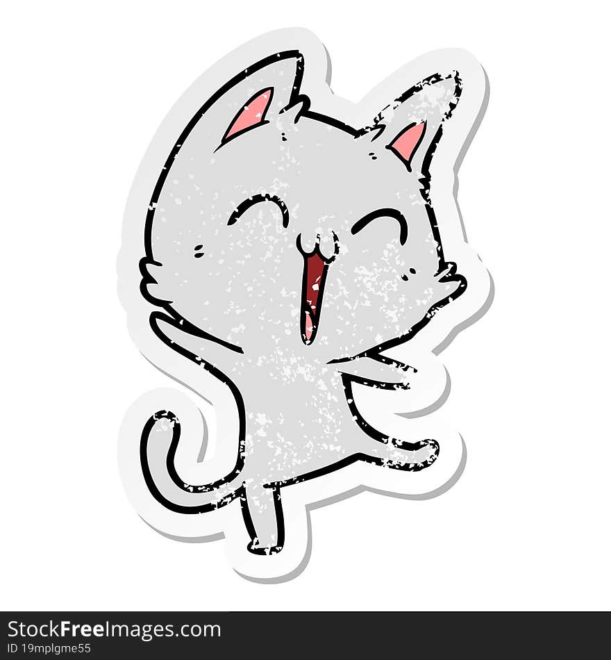 distressed sticker of a happy cartoon cat meowing