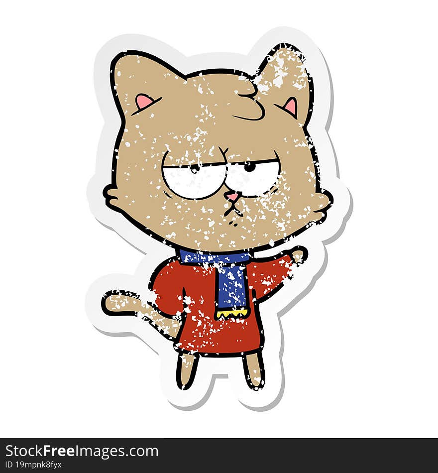 distressed sticker of a bored cartoon cat in winter clothes