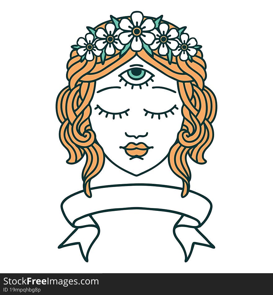 traditional tattoo with banner of female face with third eye and crown of flowers