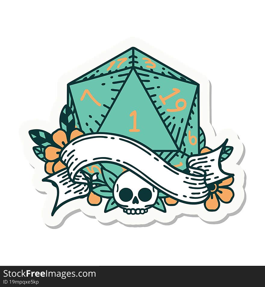 sticker of a natural one d20 dice roll. sticker of a natural one d20 dice roll