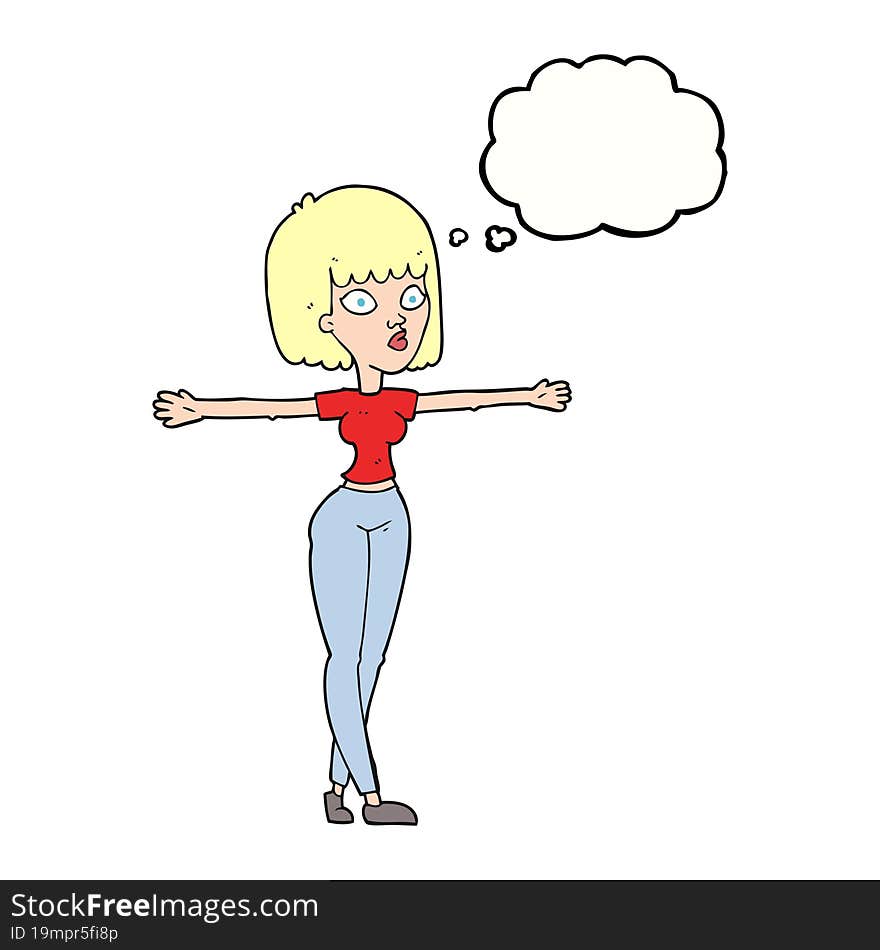 thought bubble cartoon woman spreading arms