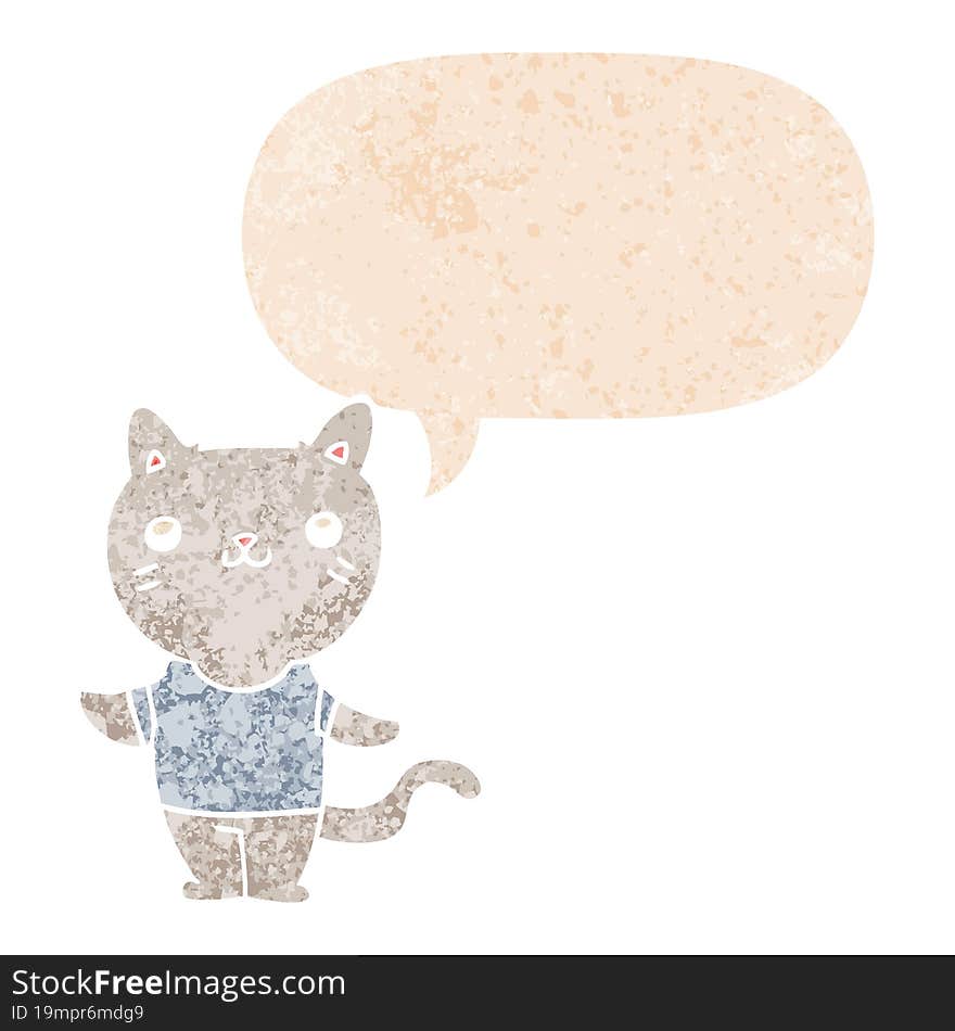 cartoon cat and speech bubble in retro textured style