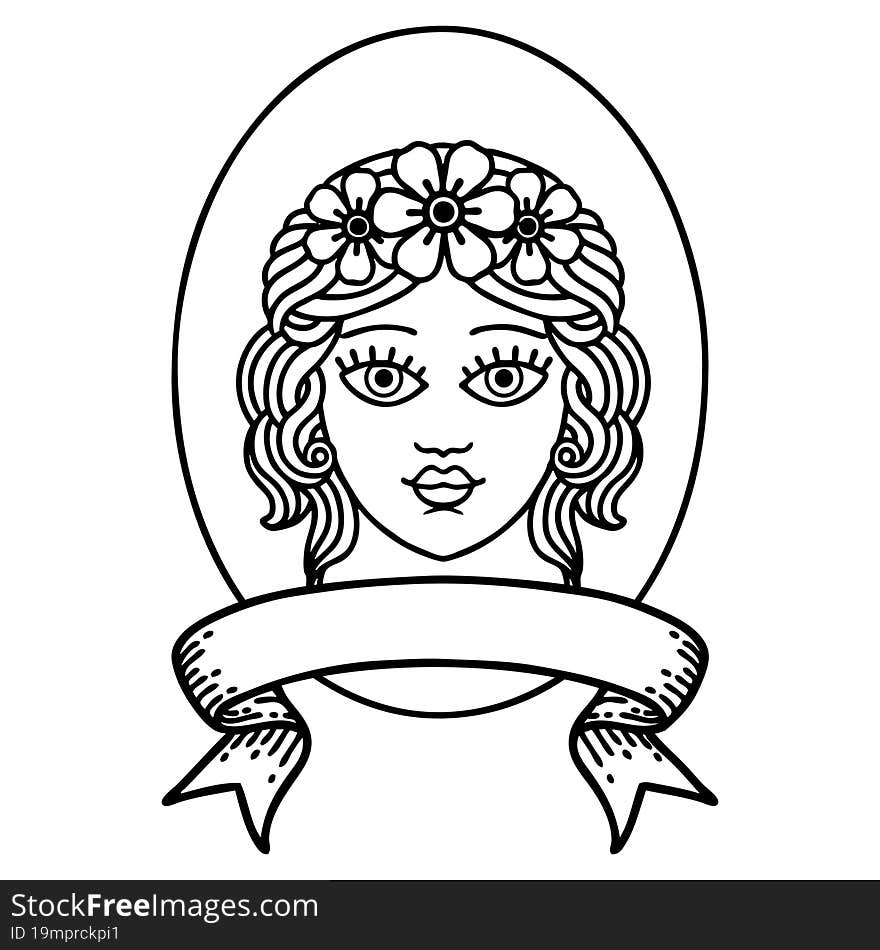 black linework tattoo with banner of a maiden with crown of flowers