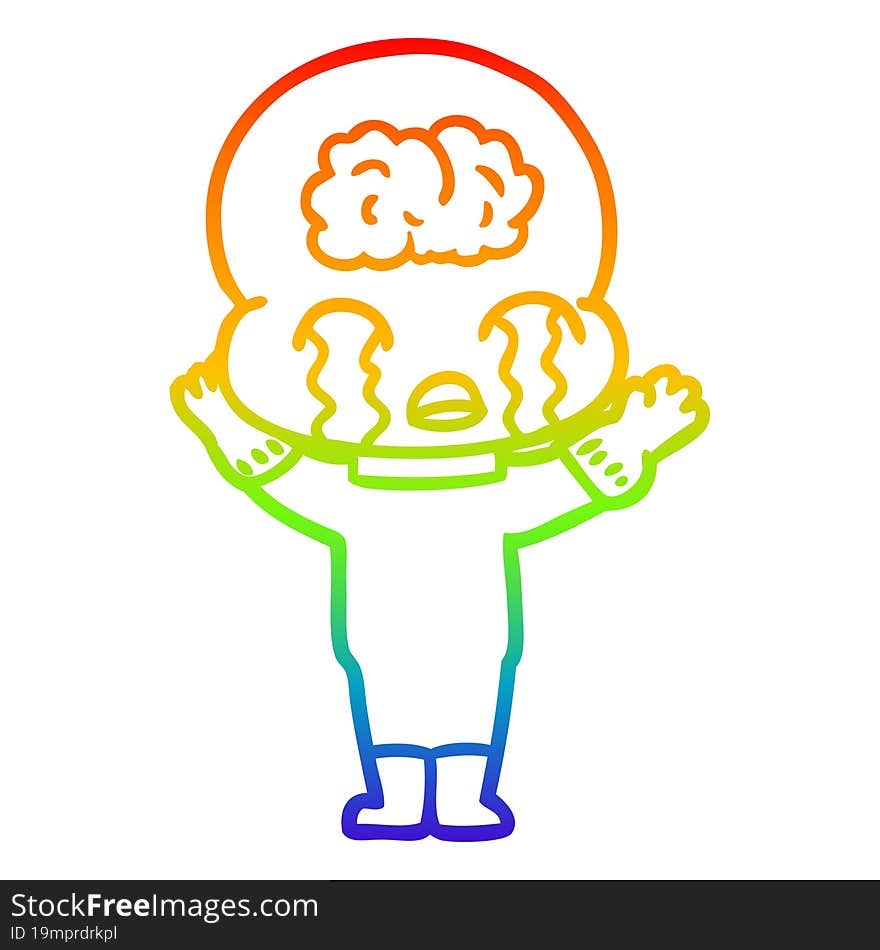 rainbow gradient line drawing cartoon big brain alien crying