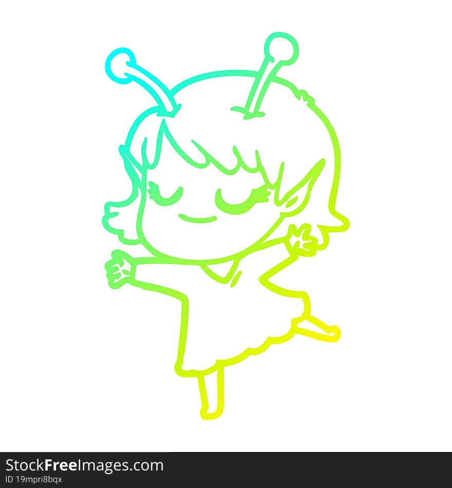 cold gradient line drawing of a smiling alien girl cartoon dancing