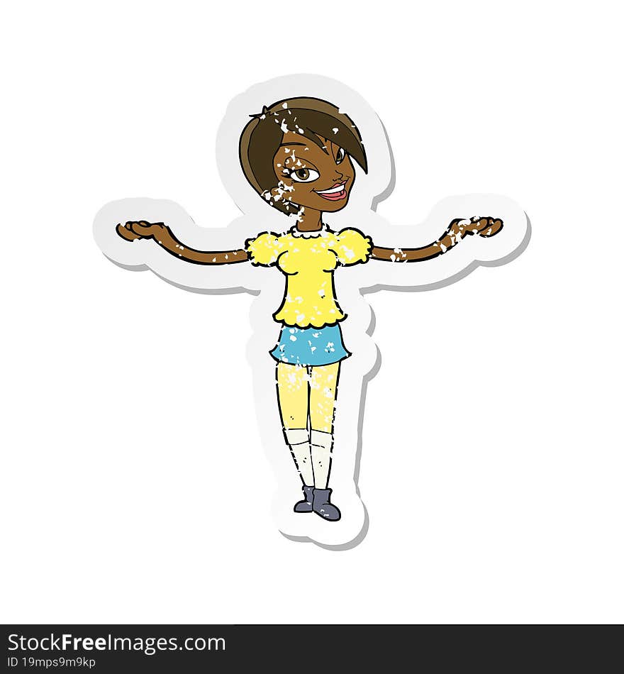 retro distressed sticker of a cartoon woman making open arm gesture