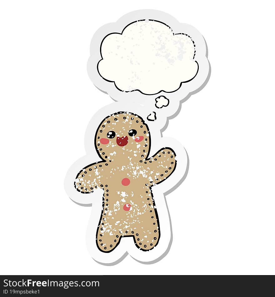 cartoon gingerbread man and thought bubble as a distressed worn sticker