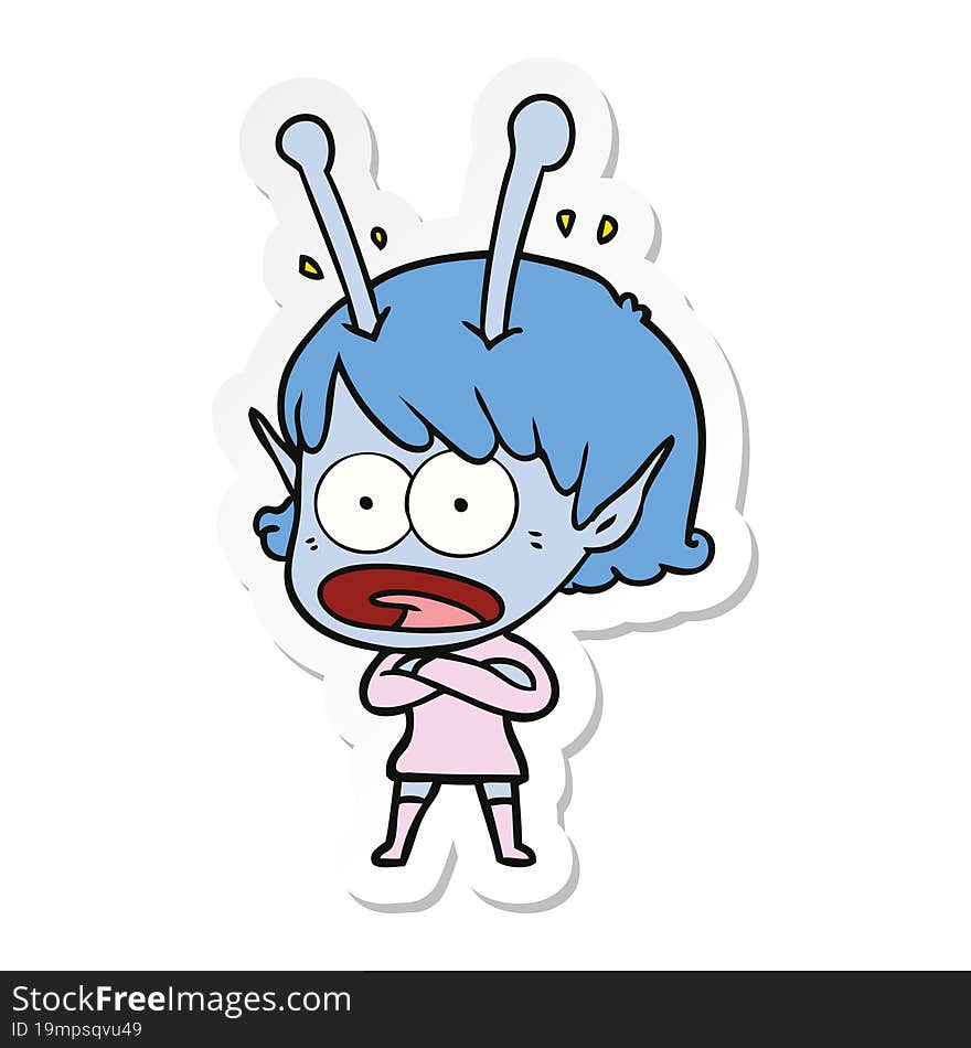 sticker of a cartoon shocked alien girl