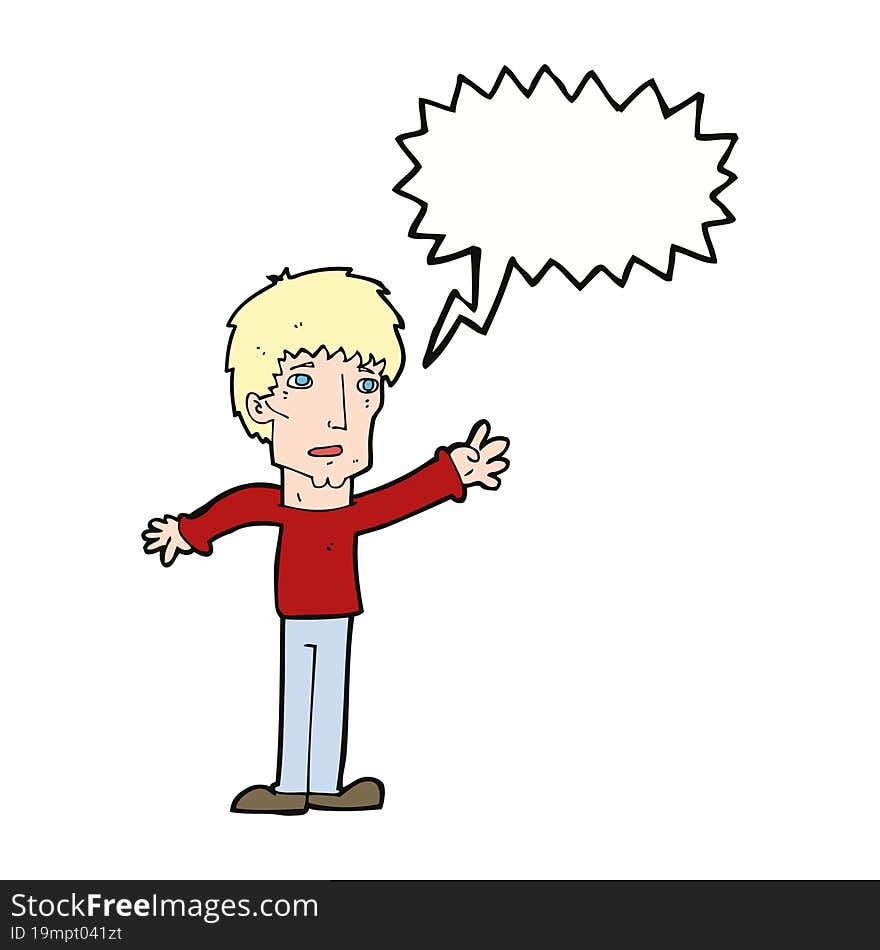 cartoon worried man reaching out with speech bubble