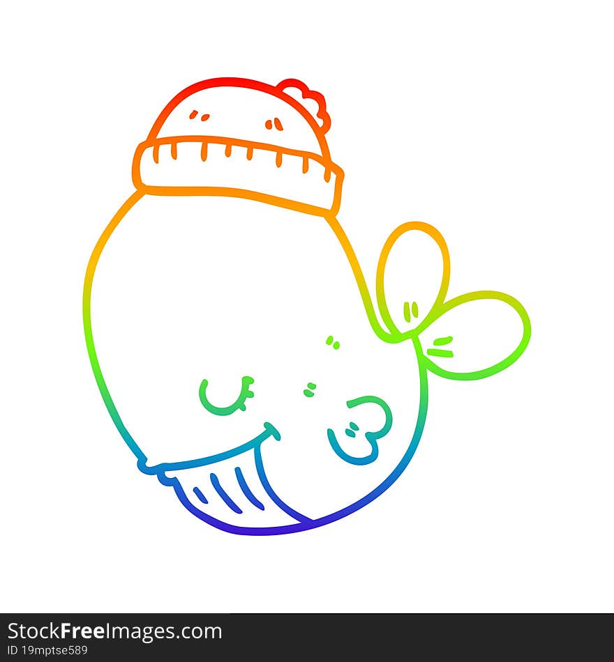 Rainbow Gradient Line Drawing Cartoon Whale Wearing Hat