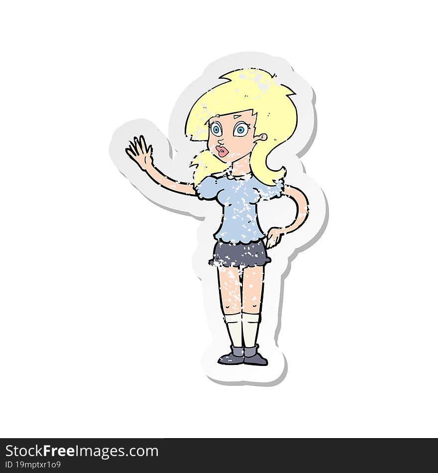 Retro Distressed Sticker Of A Cartoon Pretty Woman Waving For Attention