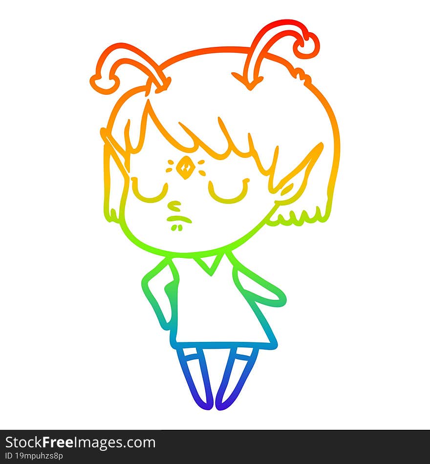 rainbow gradient line drawing of a cartoon alien girl