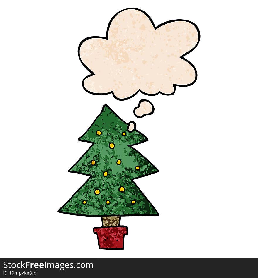 Cartoon Christmas Tree And Thought Bubble In Grunge Texture Pattern Style