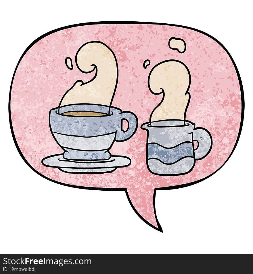 cartoon cup of coffee with speech bubble in retro texture style