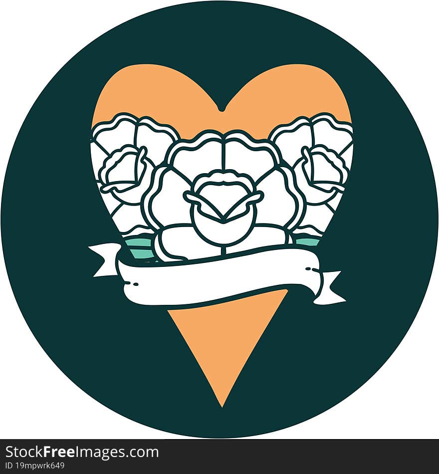 iconic tattoo style image of a heart and banner with flowers. iconic tattoo style image of a heart and banner with flowers