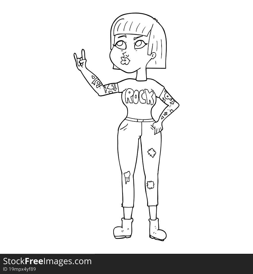 freehand drawn black and white cartoon rock girl