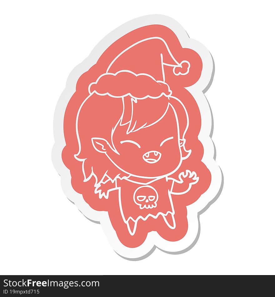 quirky cartoon  sticker of a laughing vampire girl wearing santa hat