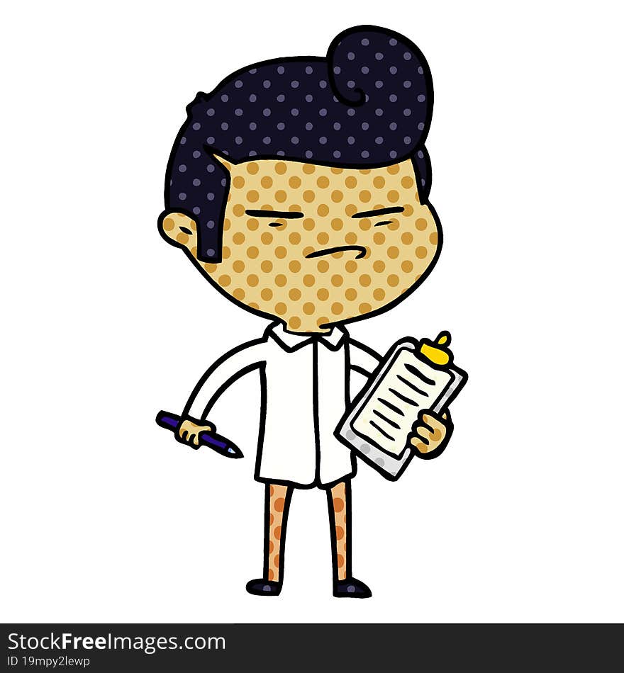 cartoon cool guy with fashion hair cut and clip board. cartoon cool guy with fashion hair cut and clip board