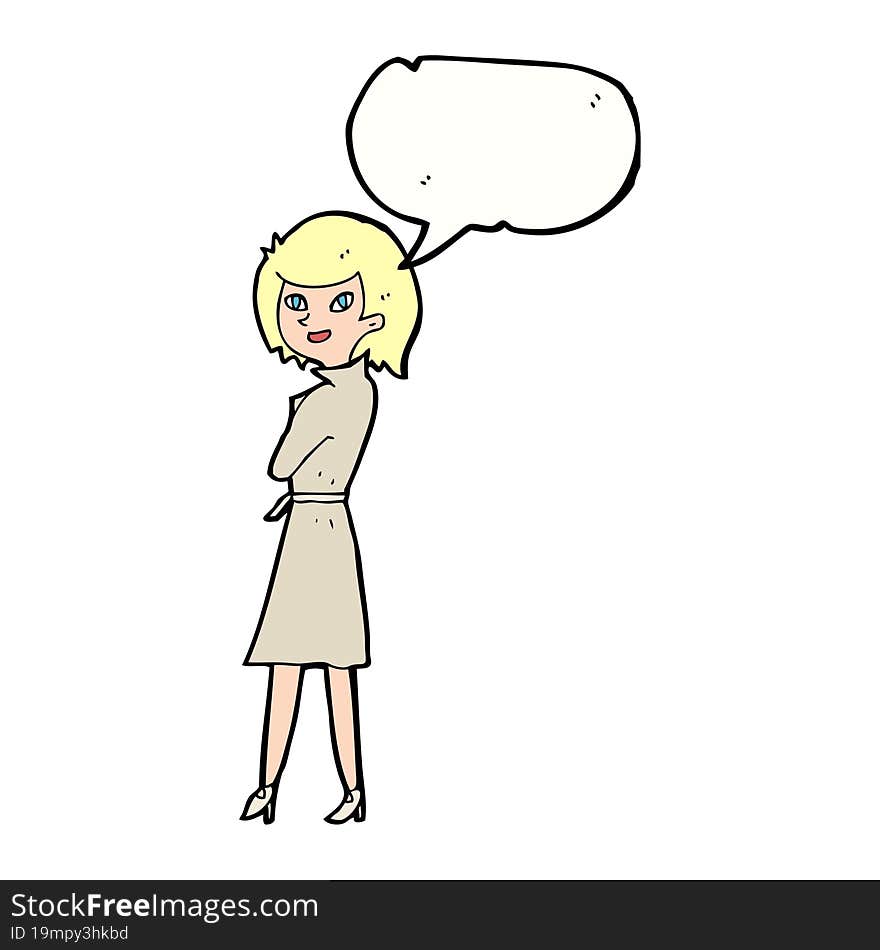 cartoon woman in trench coat with speech bubble