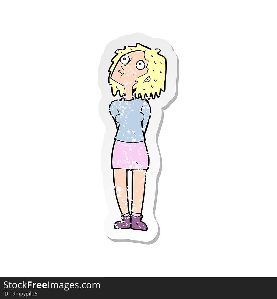 retro distressed sticker of a cartoon curious woman