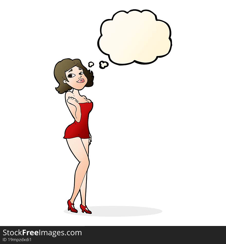 Cartoon Attractive Woman In Short Dress With Thought Bubble