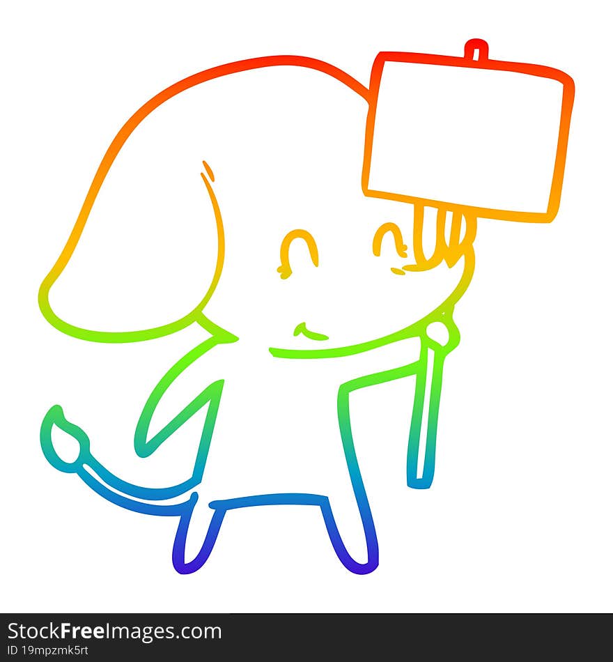 rainbow gradient line drawing cute cartoon elephant with sign