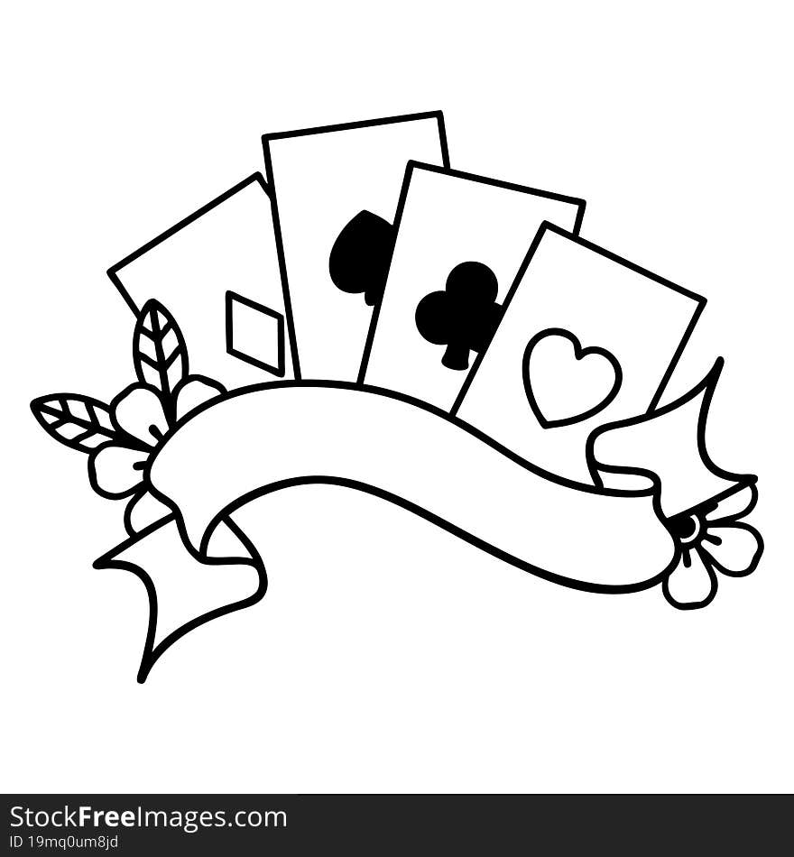 black line tattoo of cards and banner with flowers