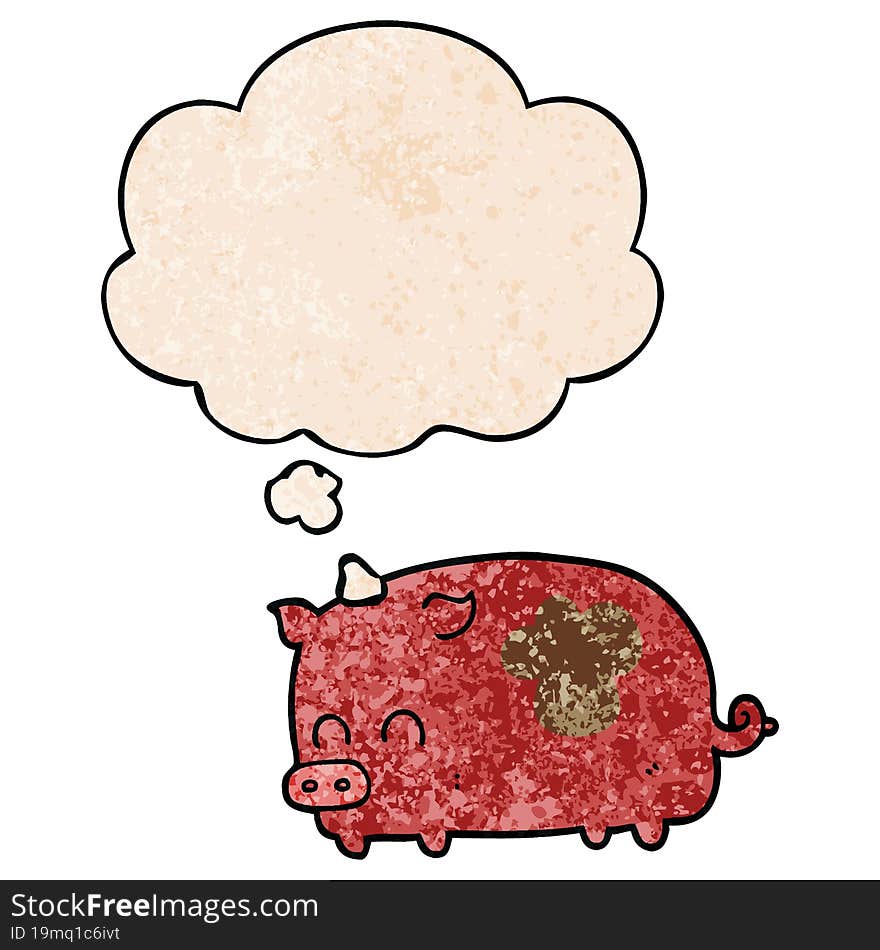 cute cartoon pig and thought bubble in grunge texture pattern style