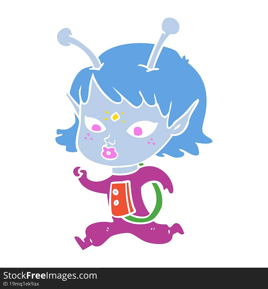 pretty flat color style cartoon alien girl running