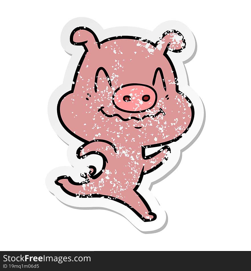 distressed sticker of a nervous cartoon pig