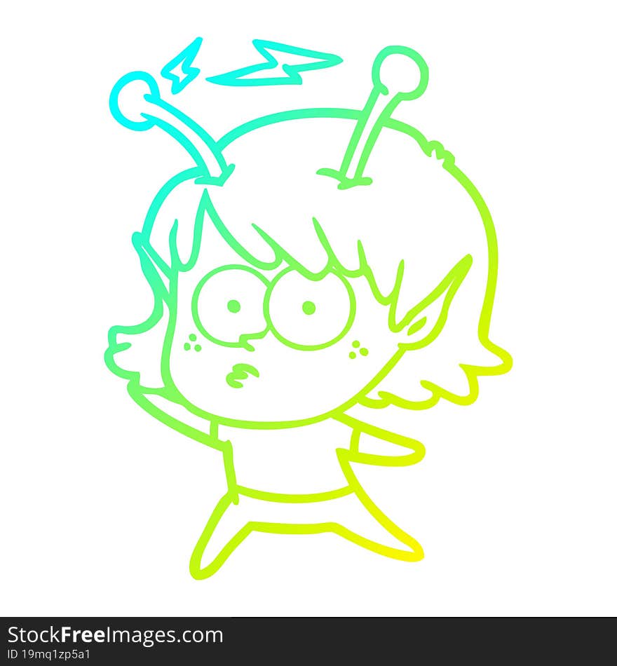 cold gradient line drawing of a cartoon alien girl