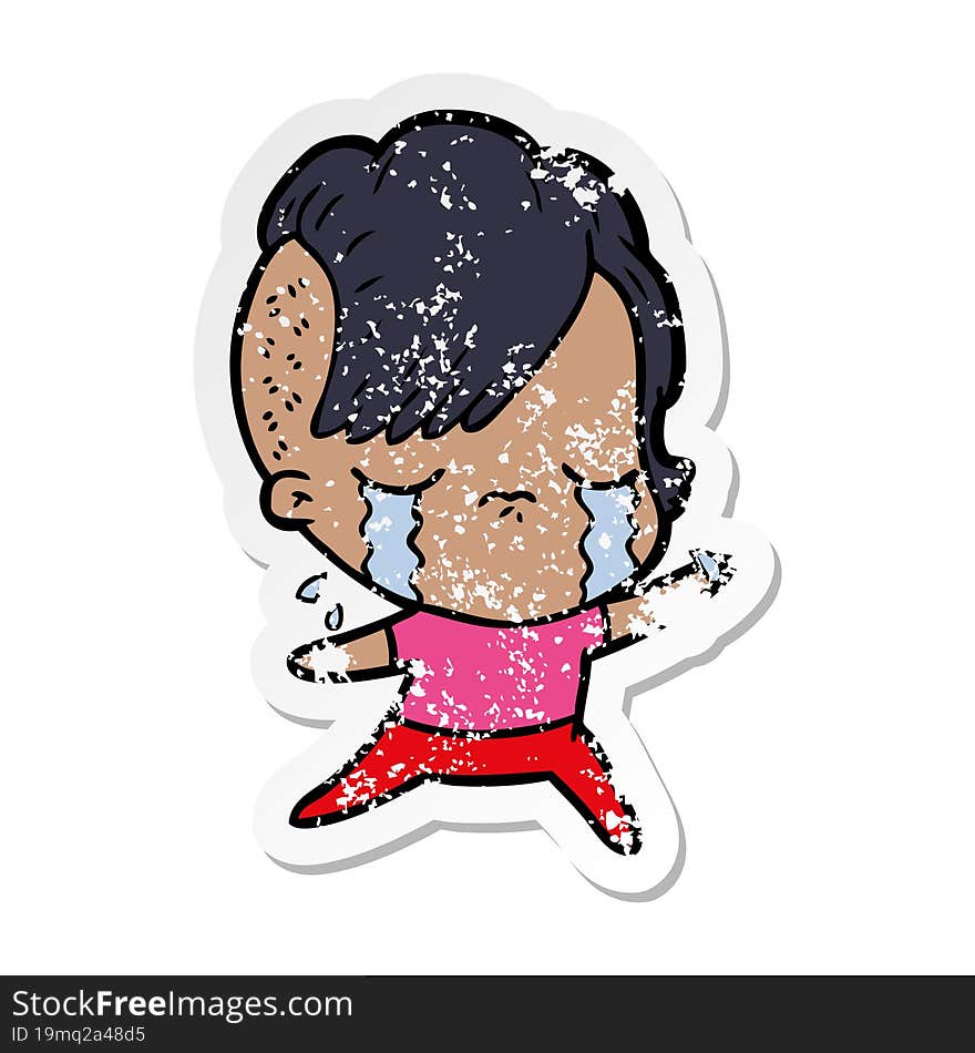 distressed sticker of a cartoon crying girl