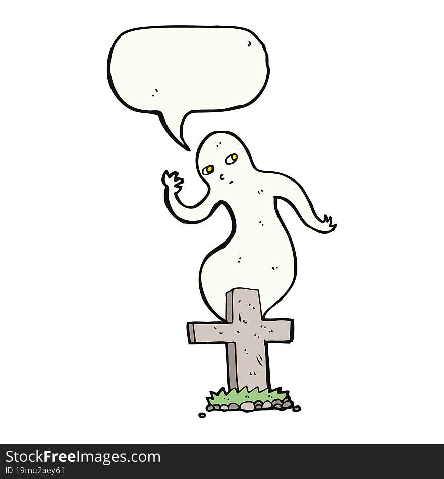 cartoon ghost rising from grave with speech bubble