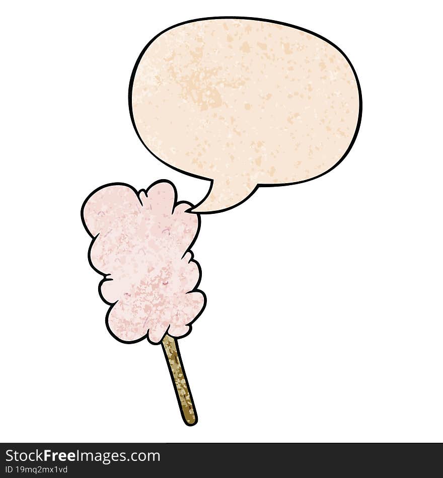 Cartoon Candy Floss On Stick And Speech Bubble In Retro Texture Style