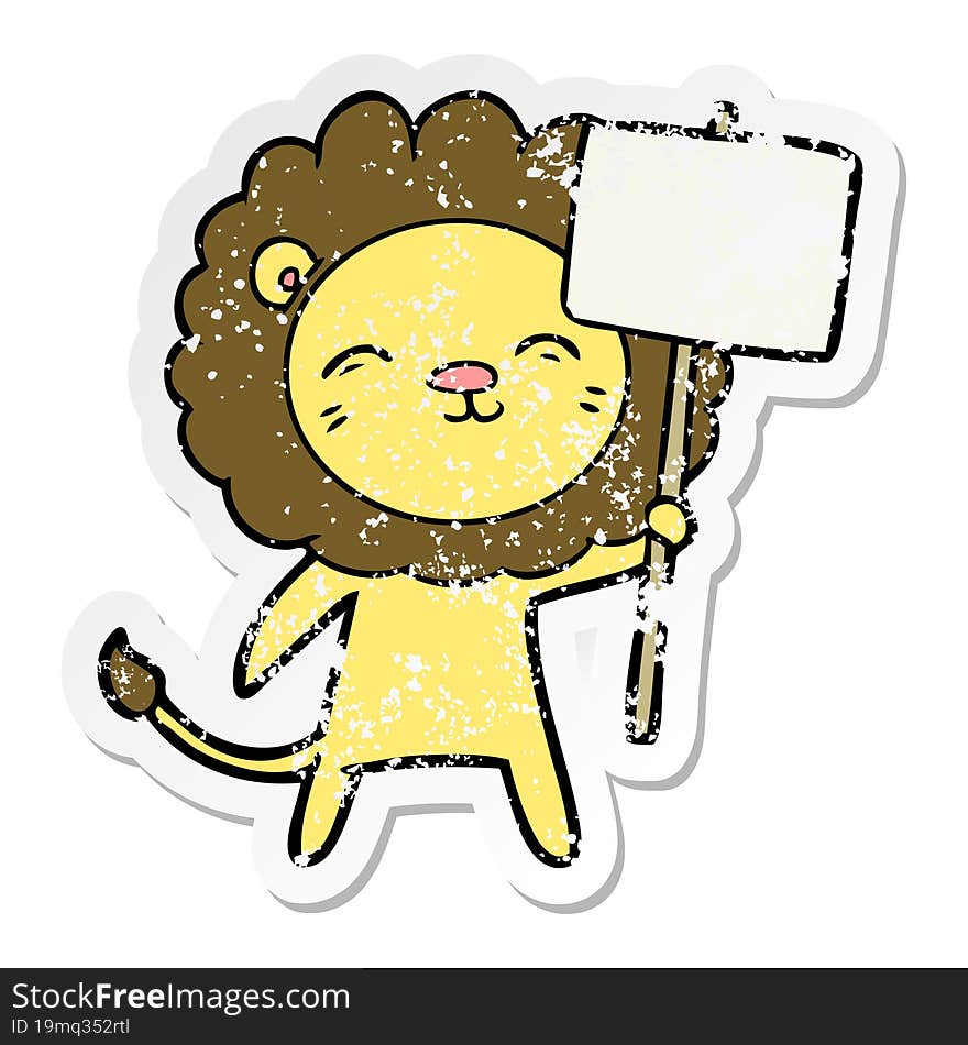 distressed sticker of a cartoon lion with protest sign