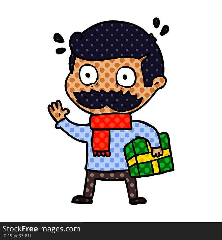 cartoon man with mustache and christmas present. cartoon man with mustache and christmas present