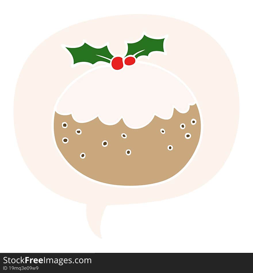 cartoon christmas pudding and speech bubble in retro style