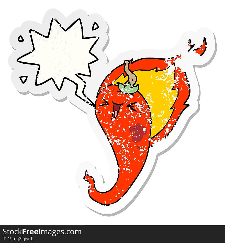 cartoon flaming hot chili pepper and speech bubble distressed sticker