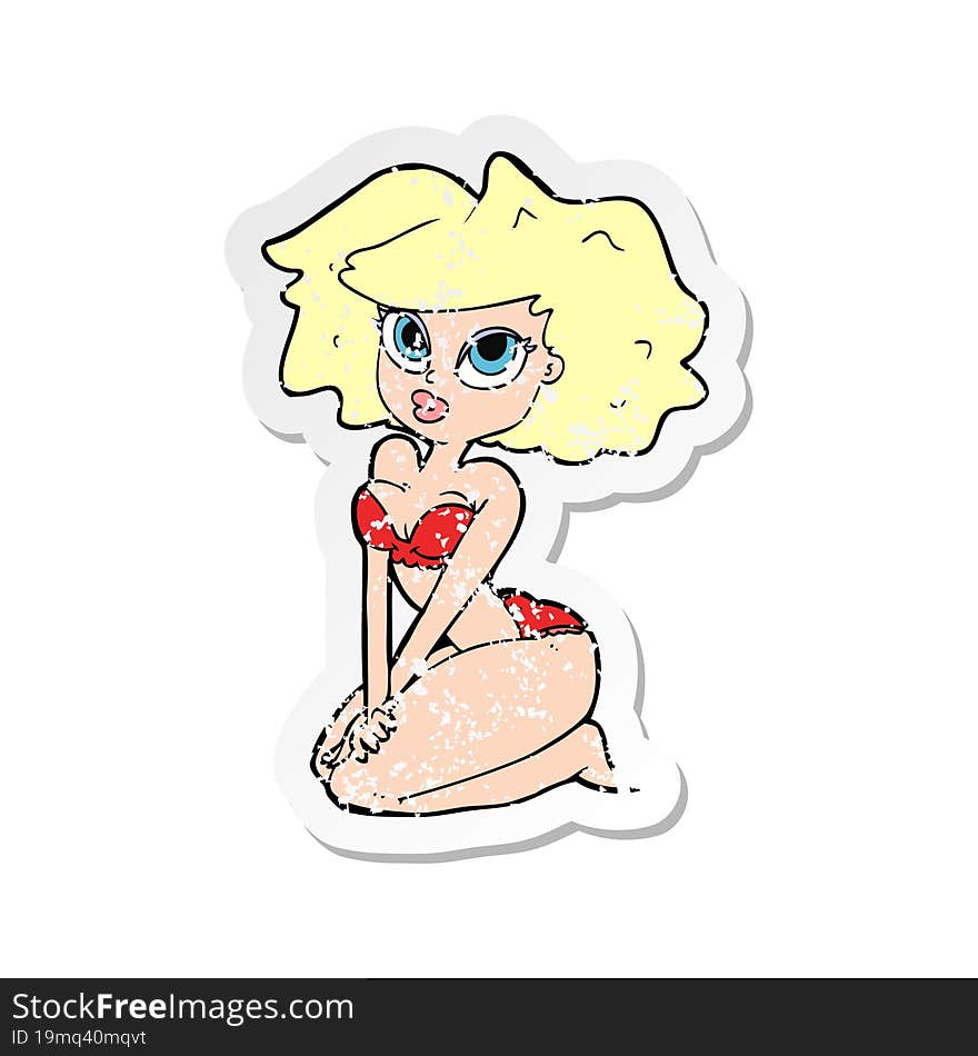 retro distressed sticker of a cartoon woman wearing bikini