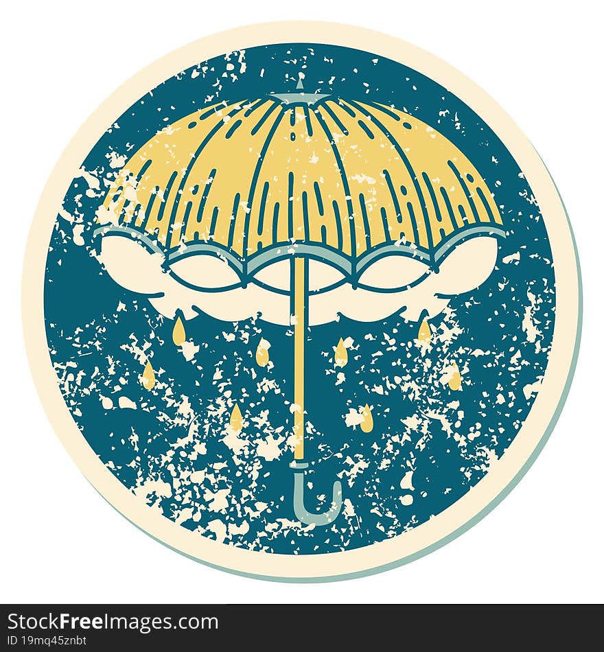 distressed sticker tattoo style icon of an umbrella and storm cloud