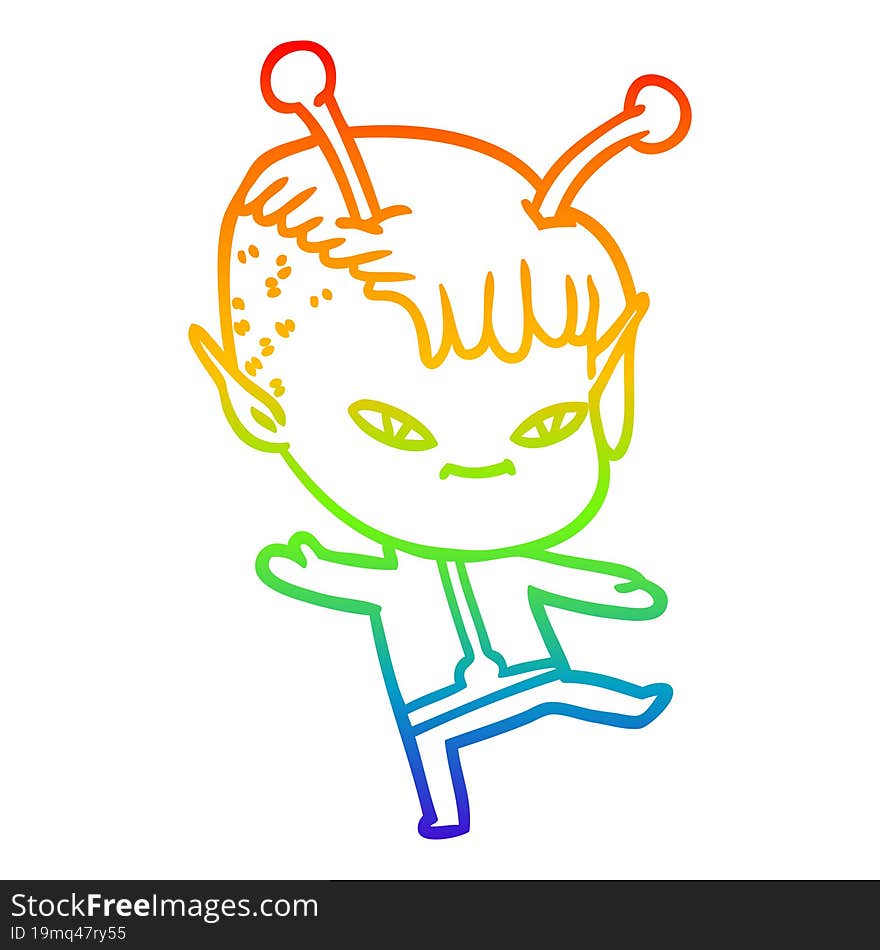 rainbow gradient line drawing of a cute cartoon alien girl