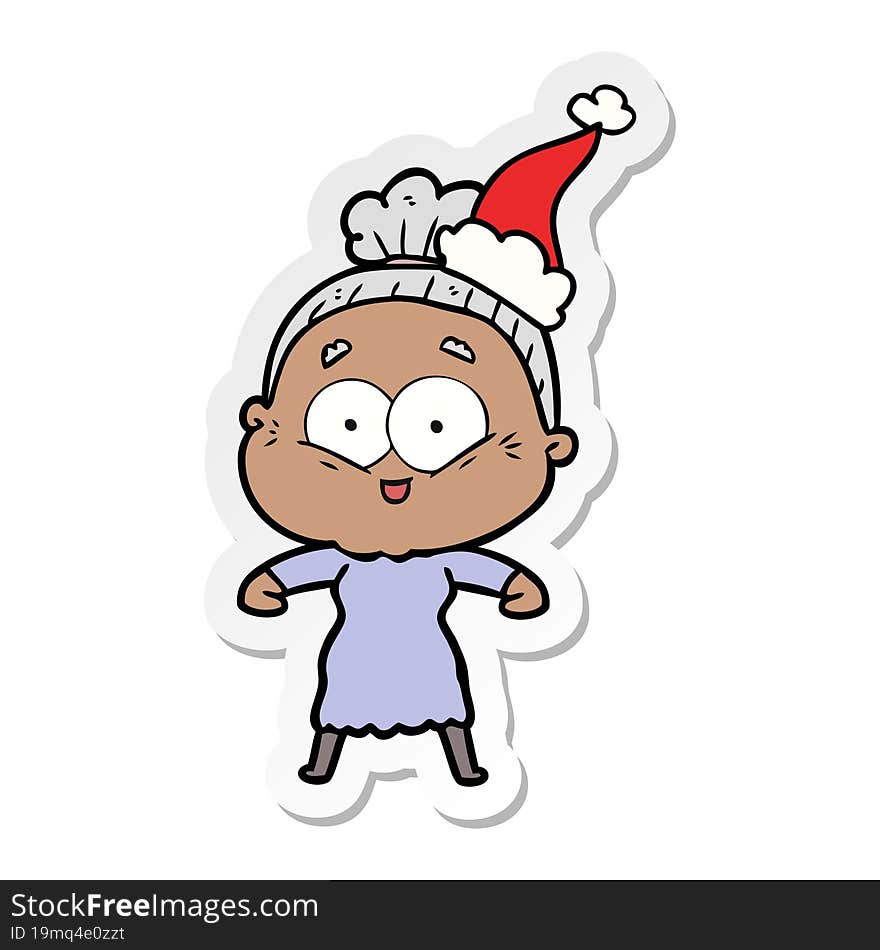 hand drawn sticker cartoon of a happy old woman wearing santa hat